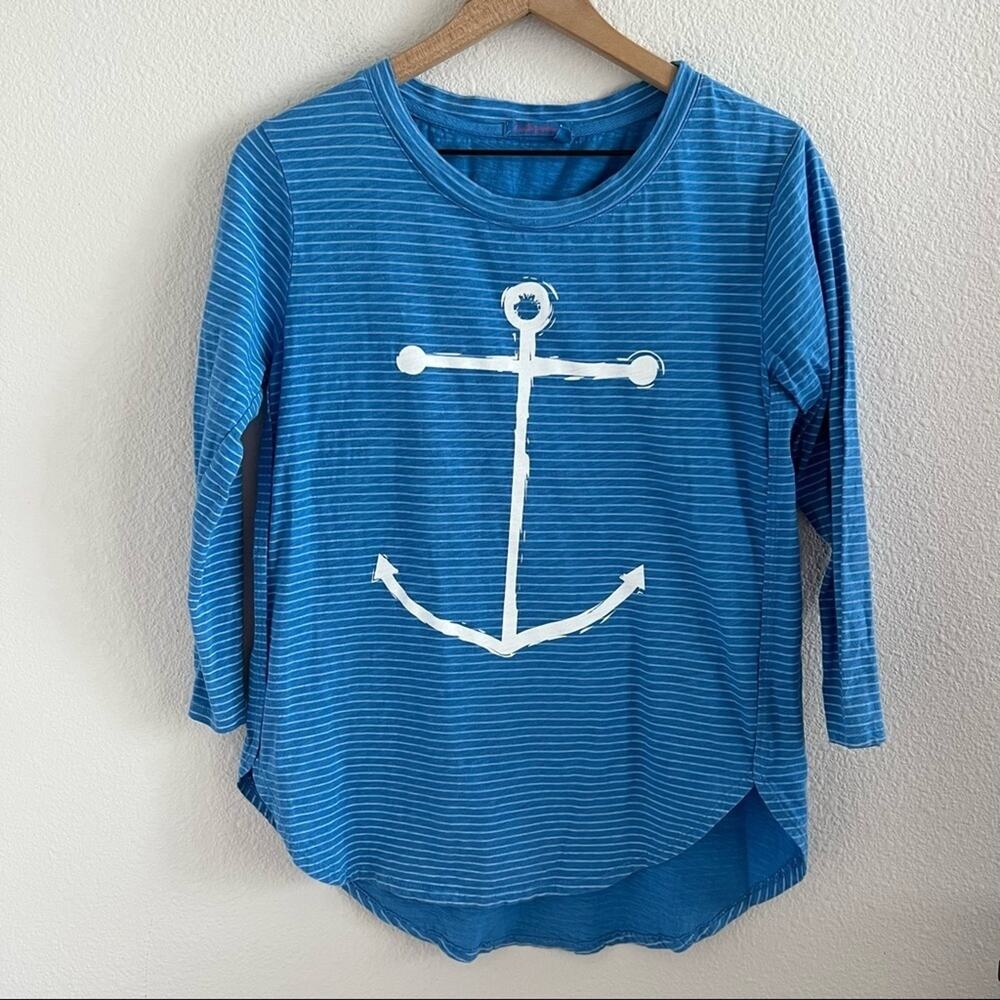 Fresh Produce Catalina Nautical Anchor Striped ¾ Sleeve Rounded Hem Top XS